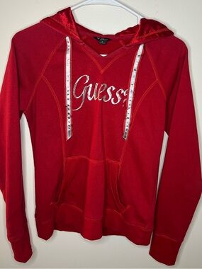 GUESS Red Silver Sequin Logo Hoodie for Women